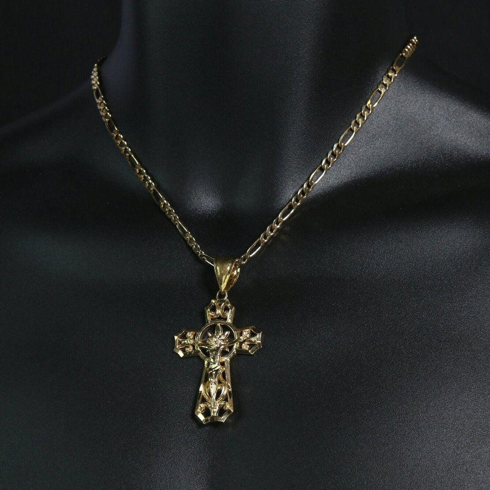 14k Cross Jesus Halo Figaro Italy Necklace