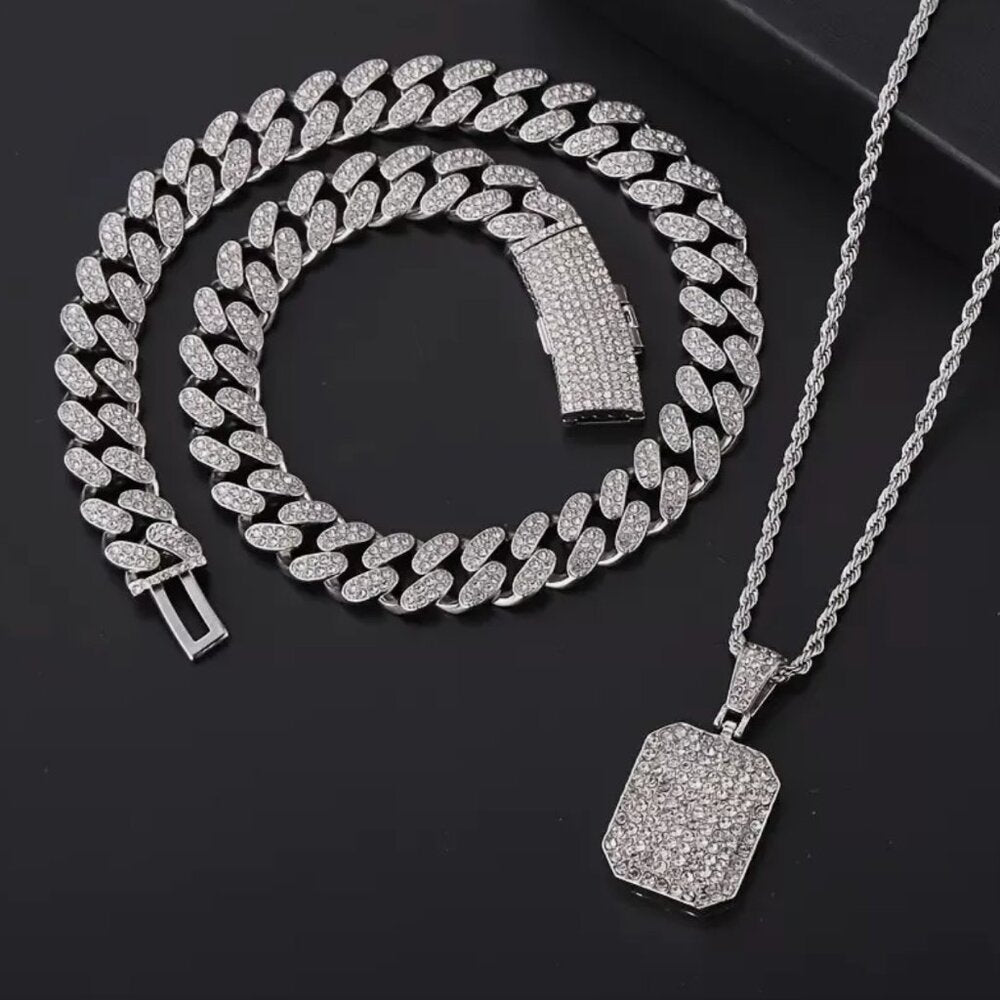 Silver Dog Tag Pendant & Iced Cuban Chain Icy Necklace