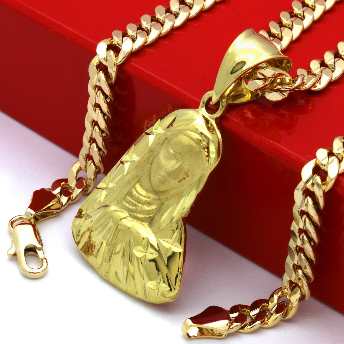 Men's 18k Gold Virgin Mary /star Pendant 5mm 24" Cuban Necklace Chain