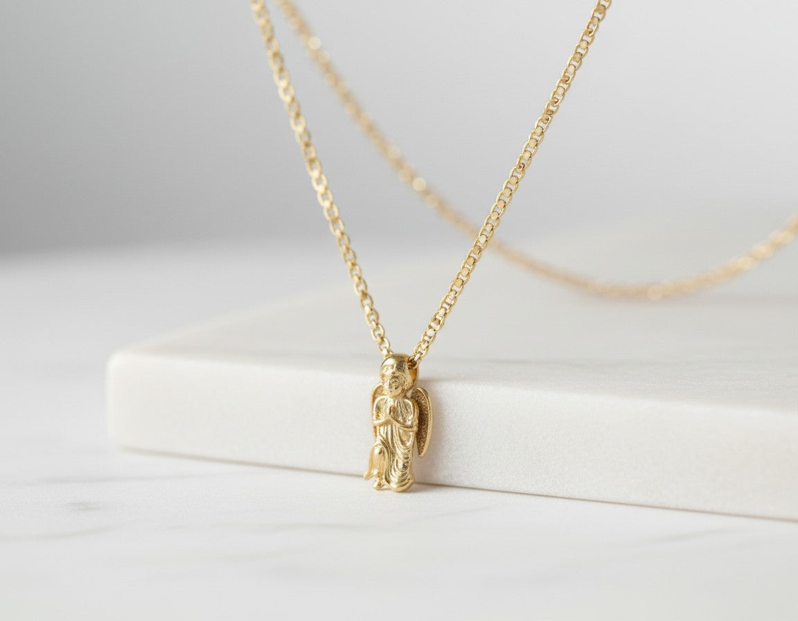 14k Gold Prayer Angel Wing Stardust Pendant Gold Tone Mariner Chain