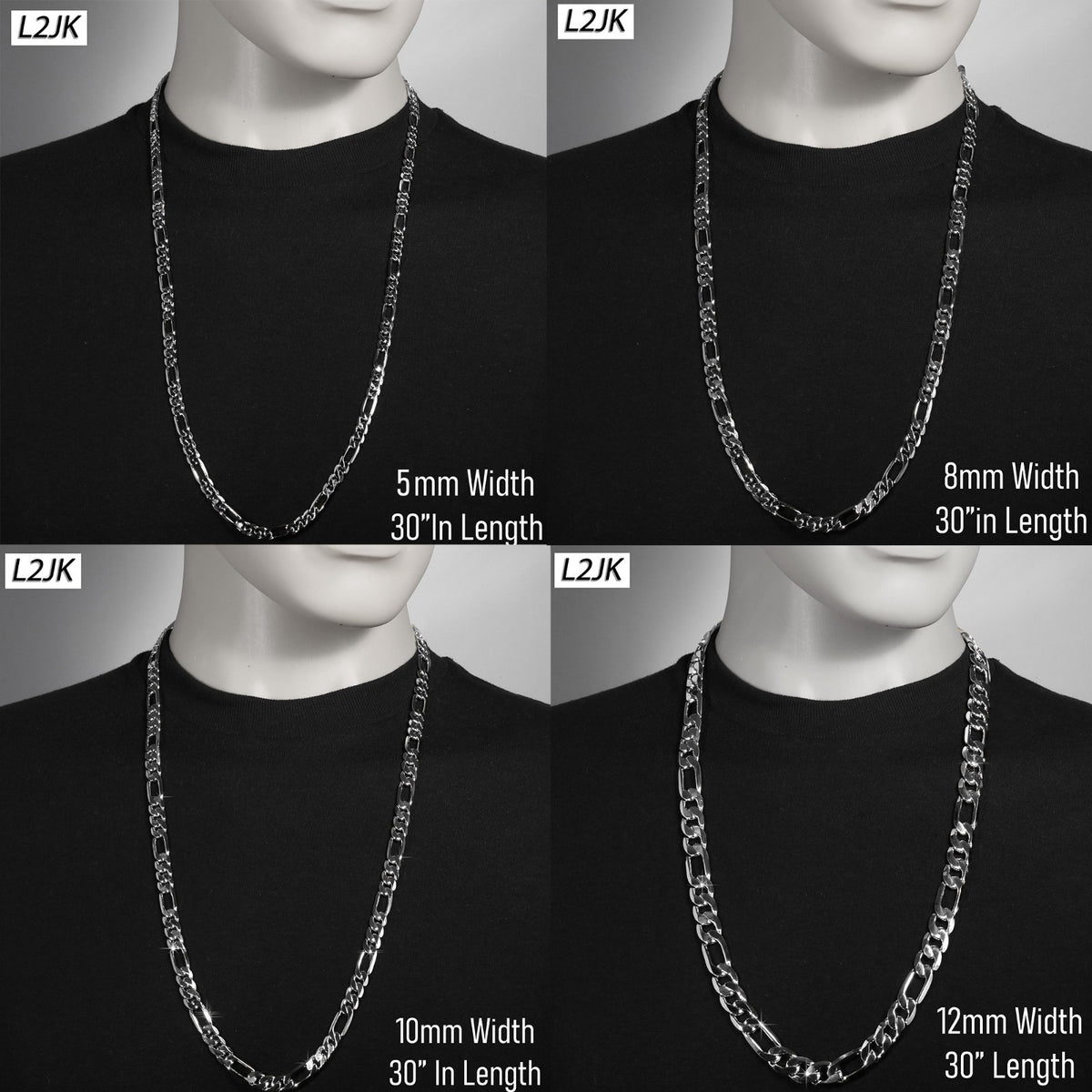 Figaro Chain Sterling Silver 925 5mm - 12mm 30" Men Women Jewelry