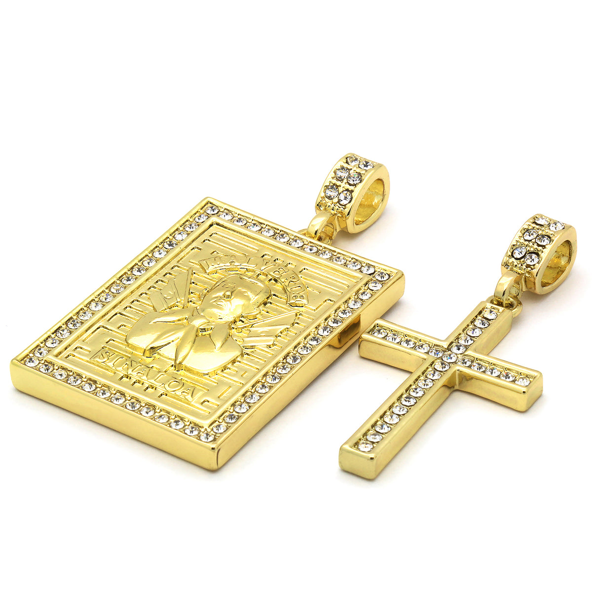 Gold St.steel Chain 24"/30" Malverde & Cross Pendant CZ 56/8