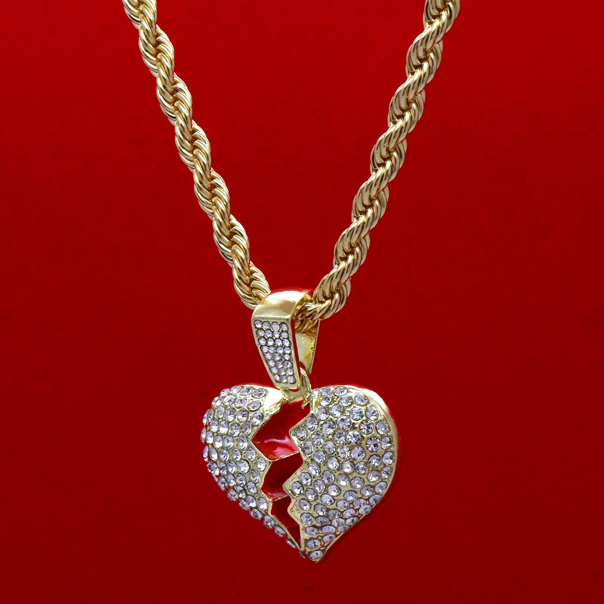 Gold Broken Heart Pendant CZ 20", 24" Cuban + 20 Rope Chain