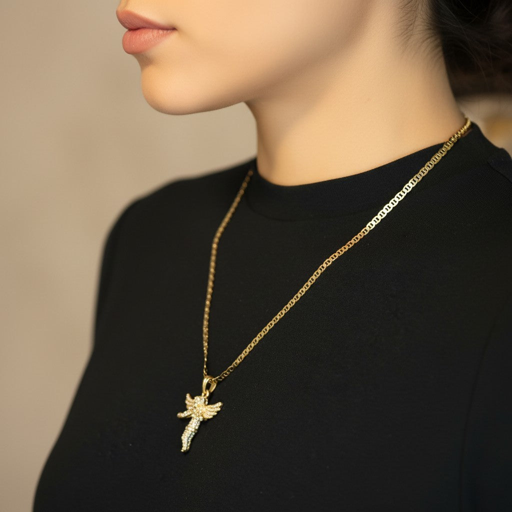 Gold Tone CZ Wing Prayer Angel Necklace – 14k Gold Mariner Chain