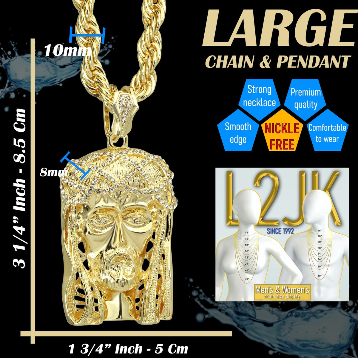 14k Rope Chain 10mm 20" & 24"In Large Crowned Jesus Piece Gold