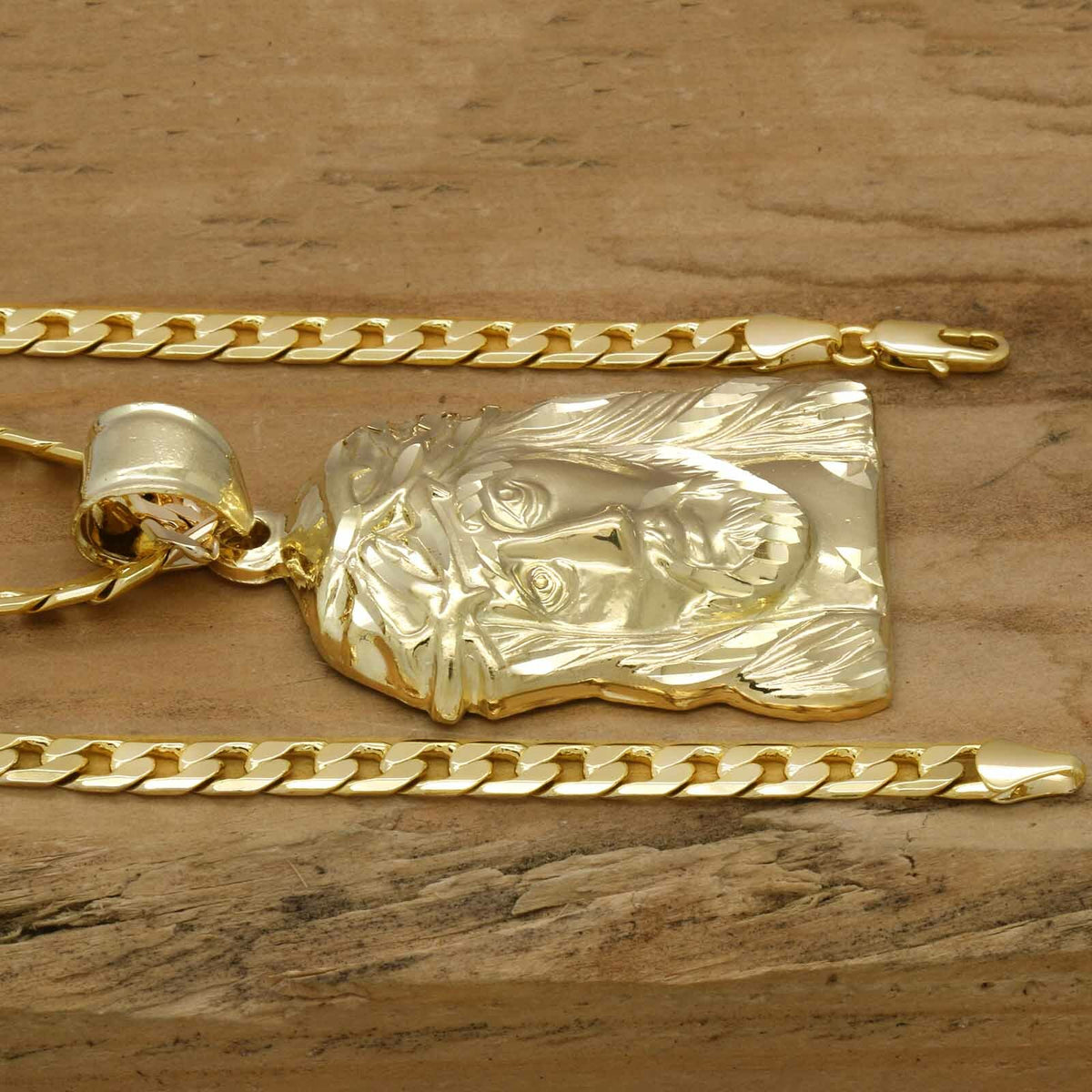 Men's 18k Gold Big Jesus Face Pendant 6mm 24" Cuban Chain