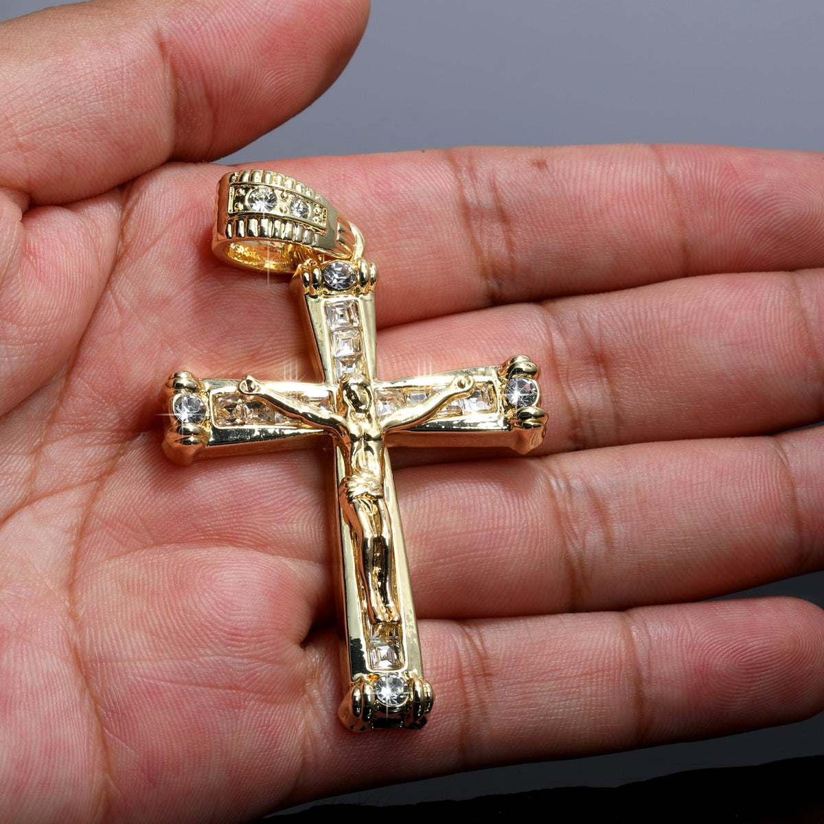 Iced Latin Jesus Cross Pendant CZ 14k Gold Rope Chain for Men