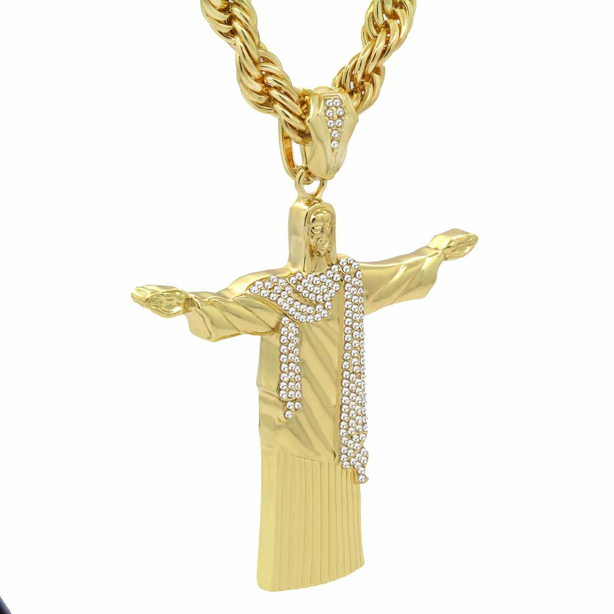 Gold Xl Christ the Redeemer Pendant Iced CZ 24 Rope Chain