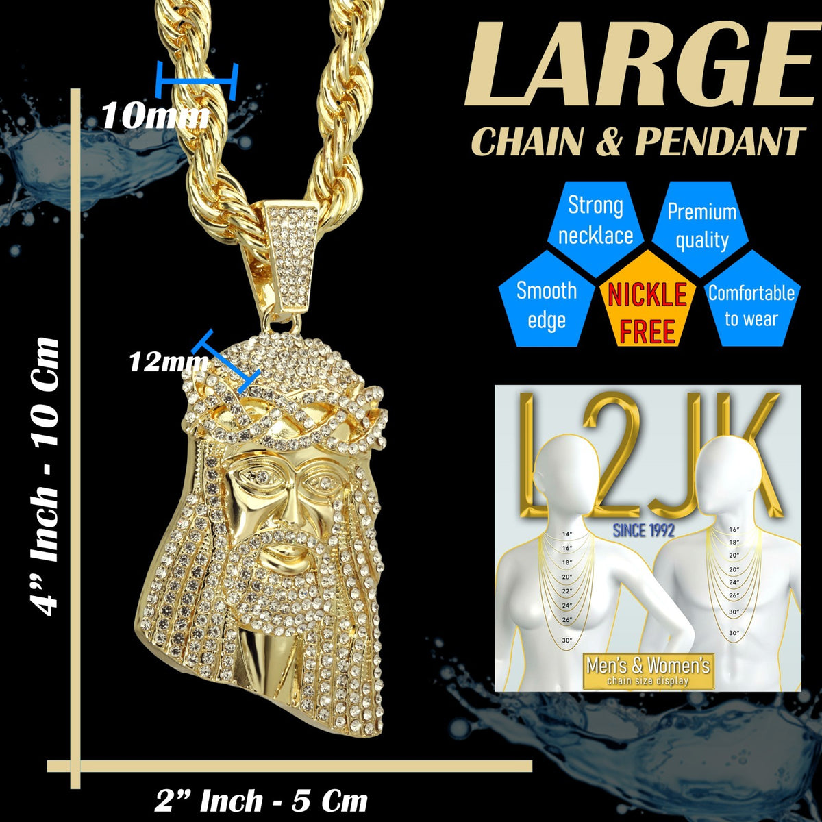 14k Rope Chain 10mm 20" & 24" Large Jesus Piece Tear Face Gold