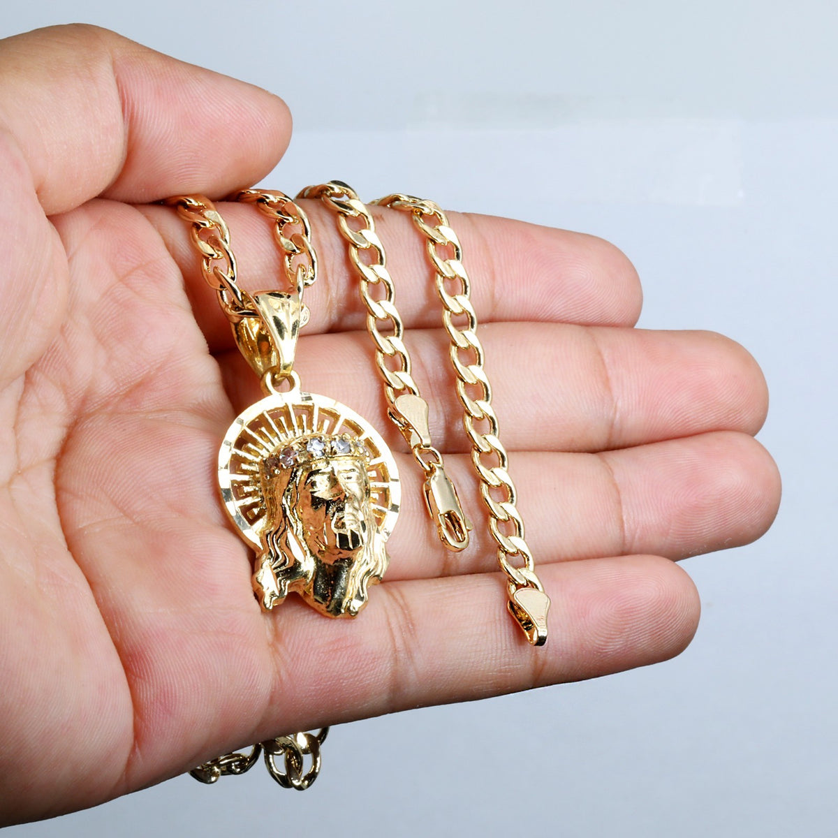 Risen Jesus Face Halo 14k Gold Charm Pendant 20" Cuban Choker Chain 212