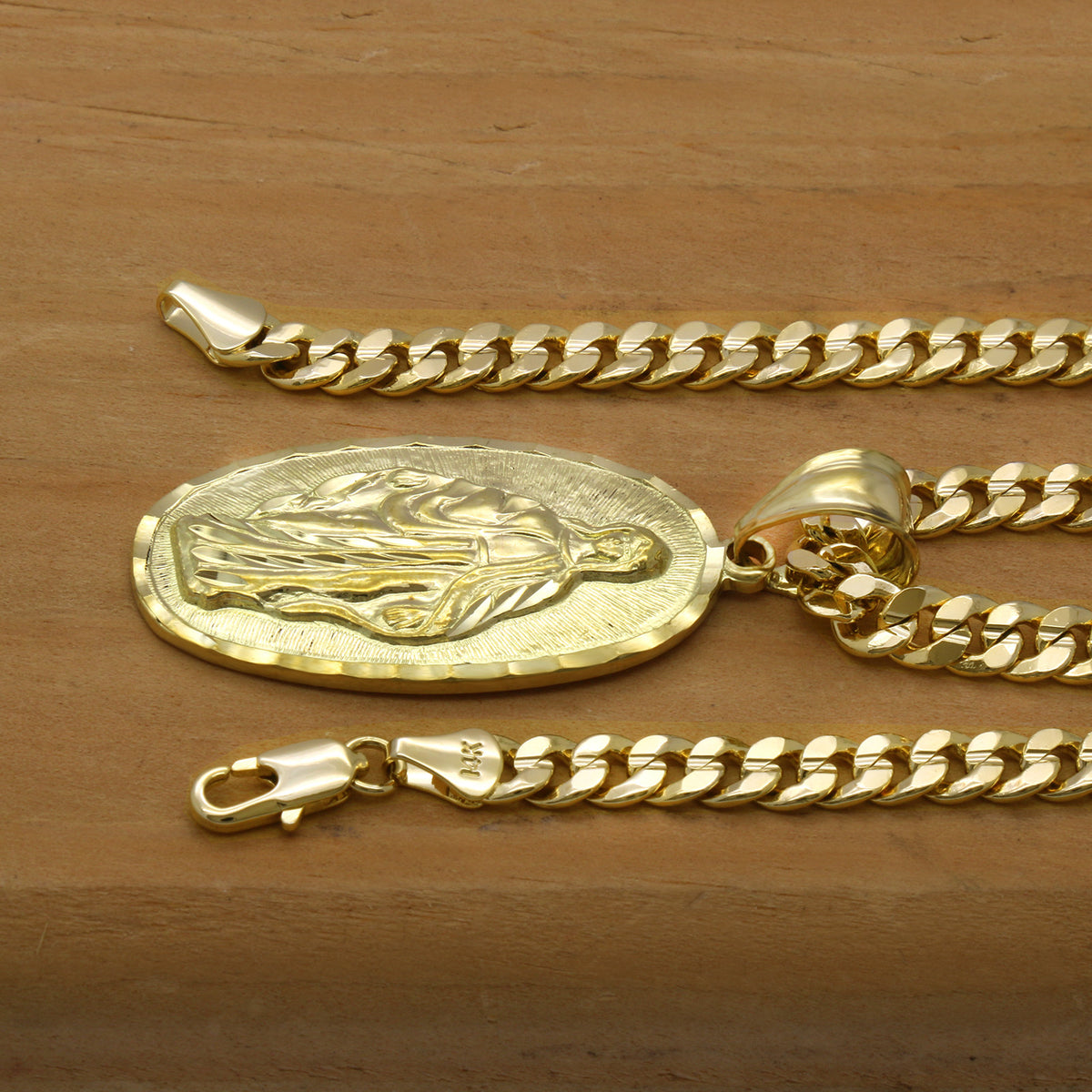 Men's 18k Gold Oval Guadalupe Pendant 5mm 24" Cuban Necklace Chain(h)