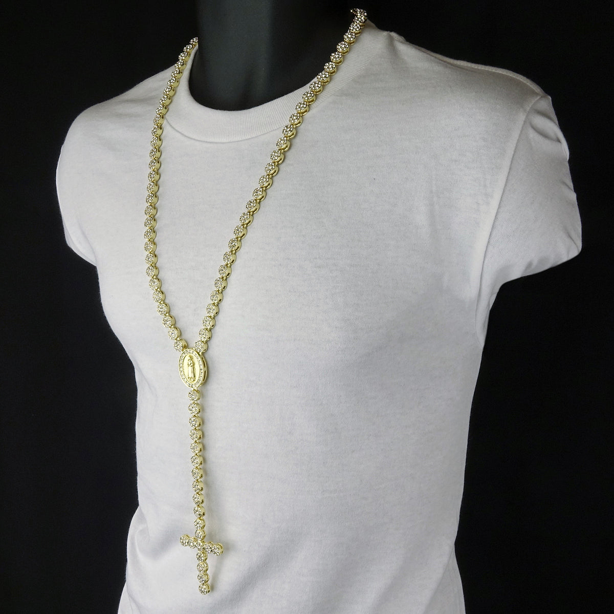 14k Gold Rosary Flower Pendant CZ Cross Guadalupe Chain