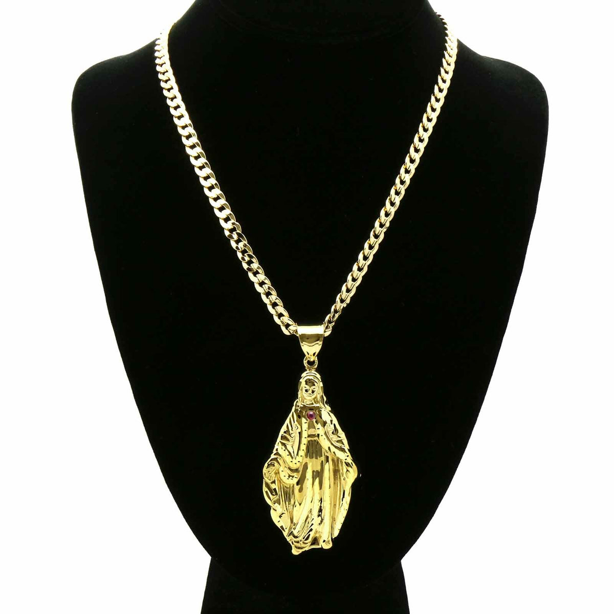 18k Gold Virgin Mary Religious Pendant CZ 24" Cuban Chain