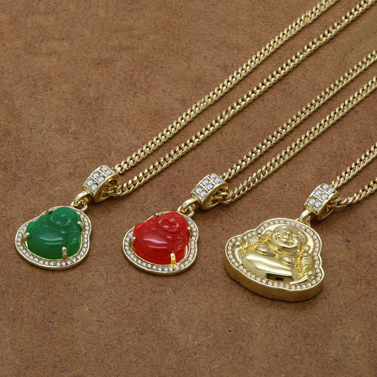 14k Gold G, R Buddha 3 Pendant CZ 30 30 24 Cuban Chain