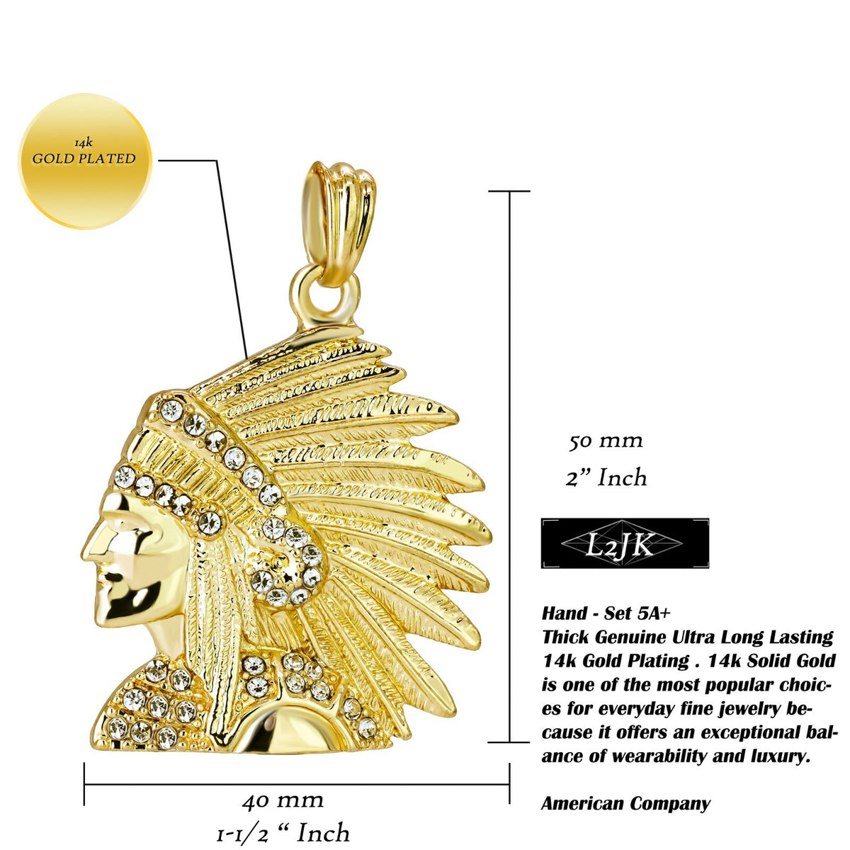 Indian Head CZ 14k Gold Pendant 24" Cuban Link Chain
