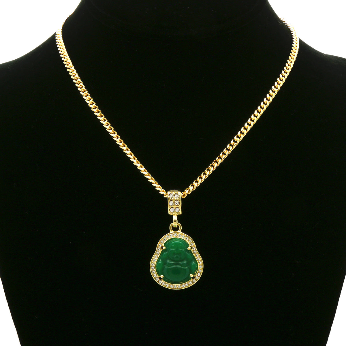 14k Gold Green Jade Buddha Pendant CZ Cuban Chain 24" 27' 30"