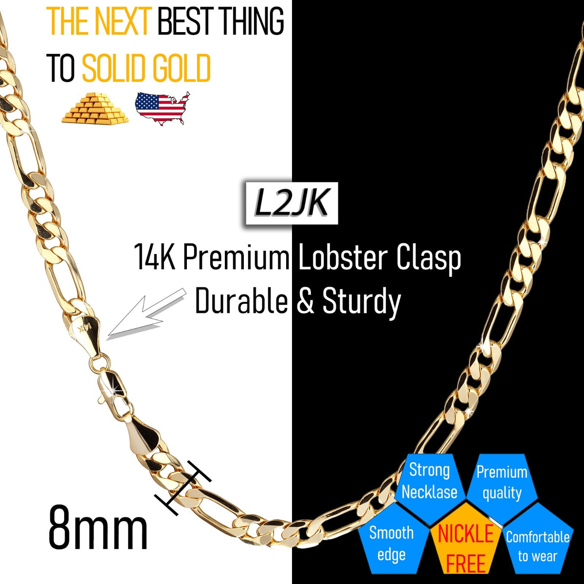 Figaro Chain Choker 18k Gold 8mm 20" for Men & Women