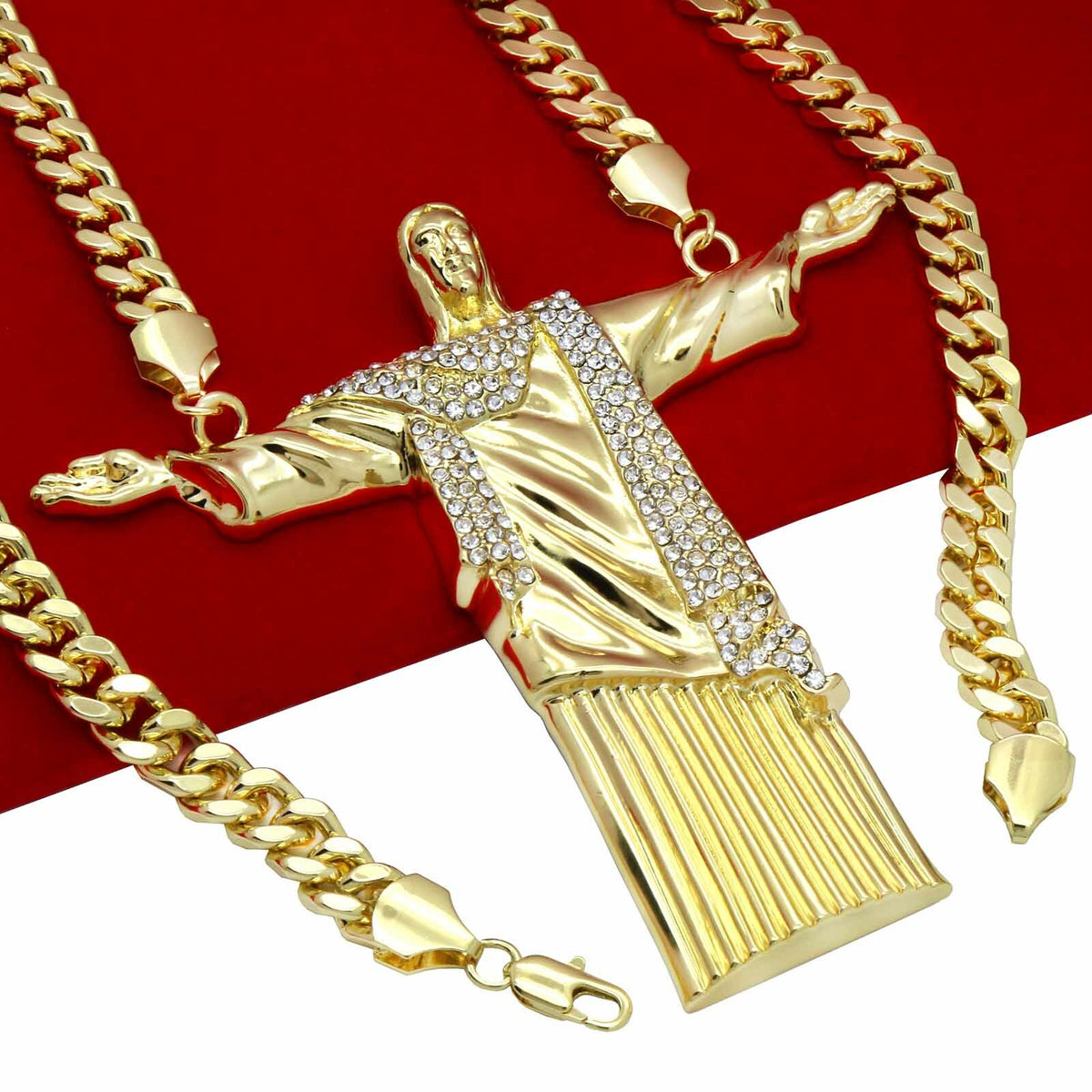 14k Gold Huge "jesus" Pendant CZ 30" Cuban Chain (H)