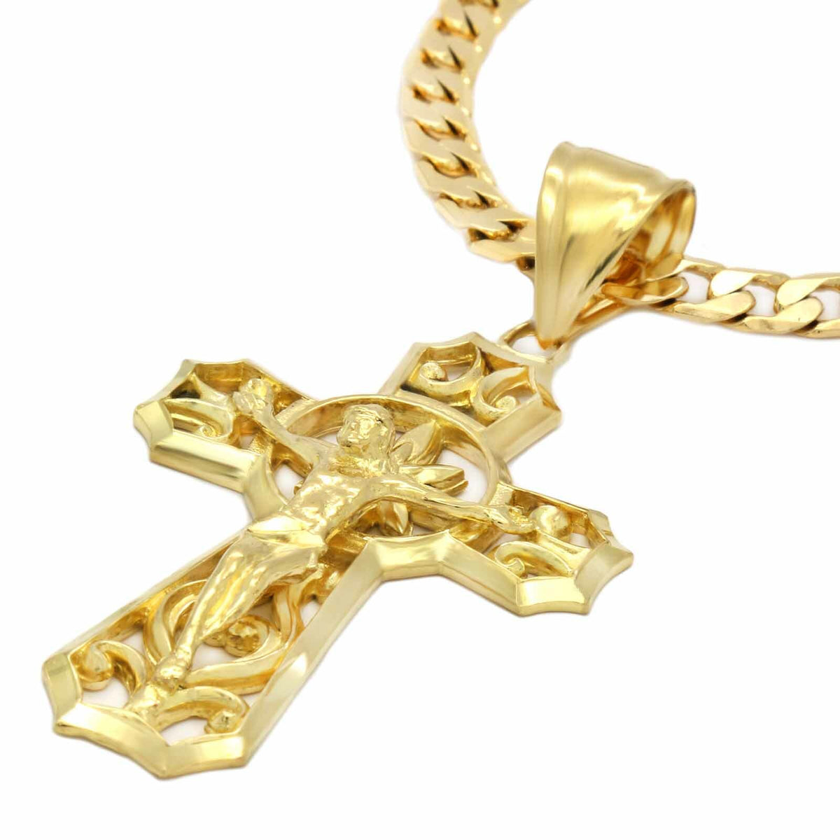 Men's 18k Gold Jesus Curve Cross Pendant 6mm 24" Cuban Chain