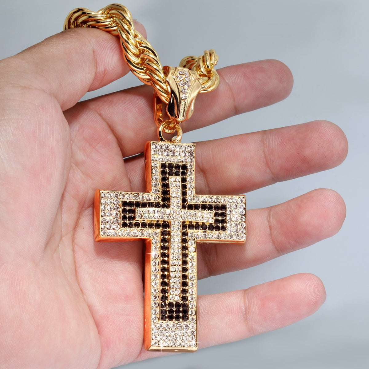 14k Rope Chain 10mm 20" & 24"In Large Cross Black Gold Style