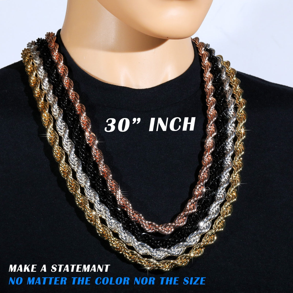 Rope Chain Necklace 10mm 30" Gold Silver Black & Rose Men Jewelry