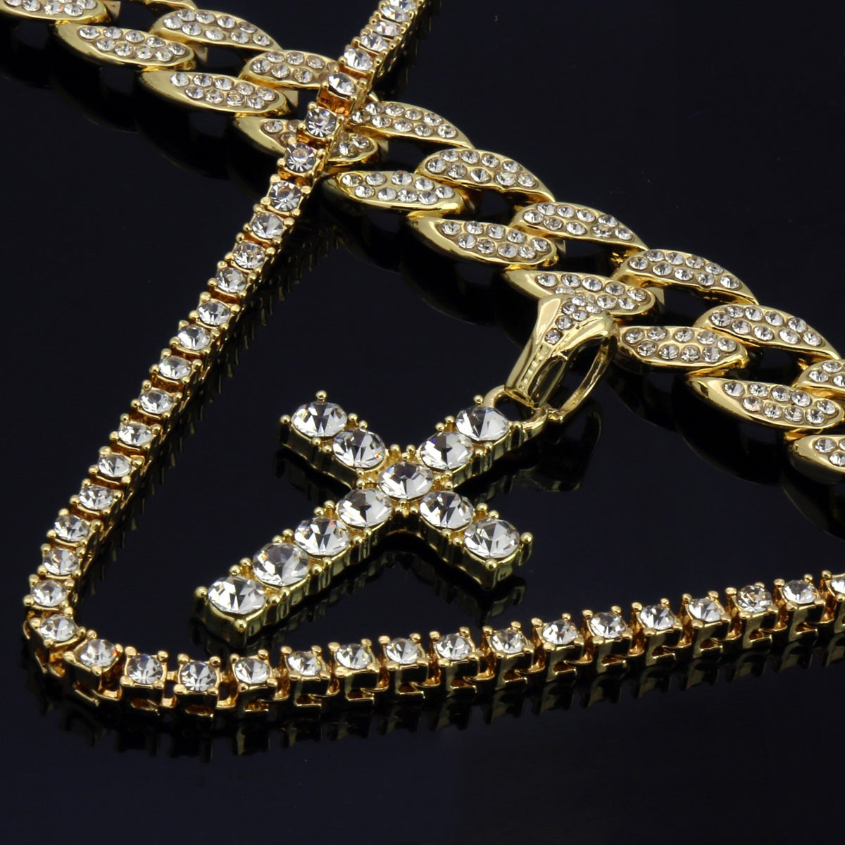 Men's 14k Gold Cross 18" CZ Cuban & 24" Tennis Chain Bad Bunny