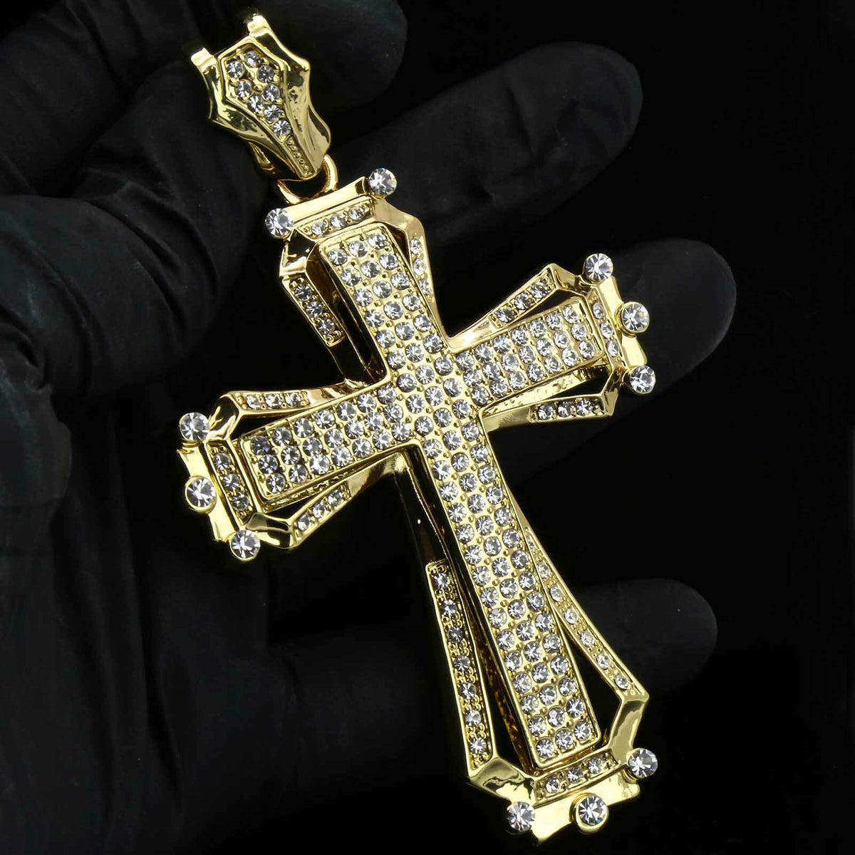 Gold Large Hollow Cross Pendant CZ 30" Cuban Chain
