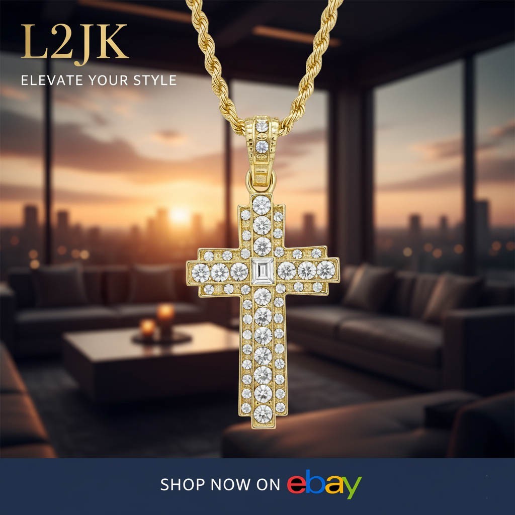 Iced Cross Macedonia Pendant CZ 14k Gold Rope Chain for Men's
