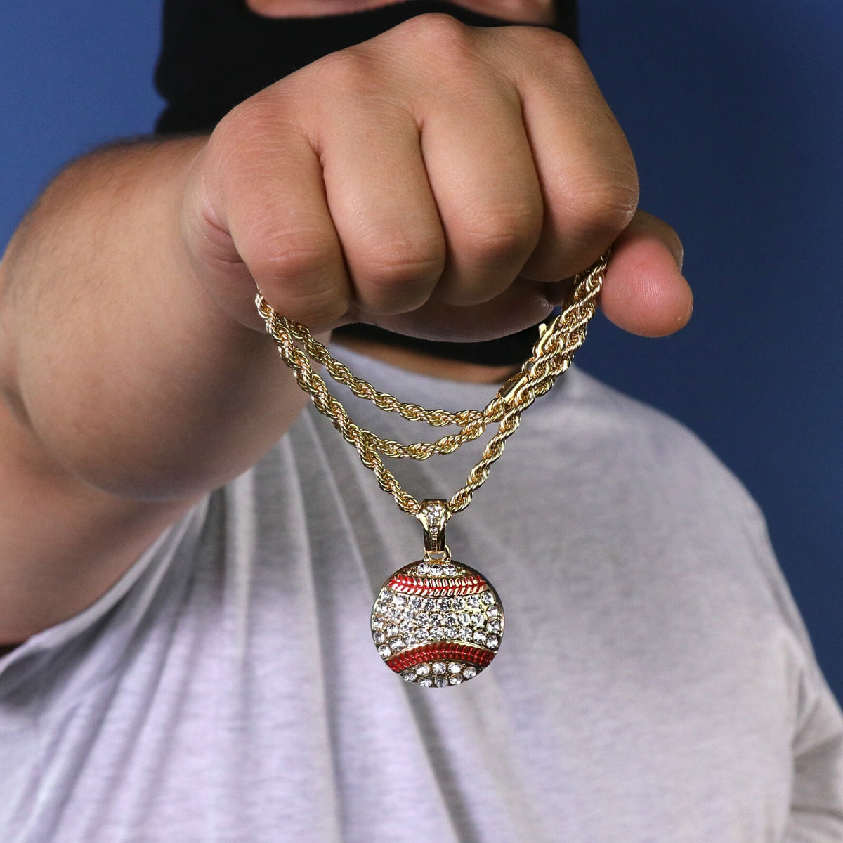 Baseball Pendant Iced CZ 24" Rope Chain 18k Gold