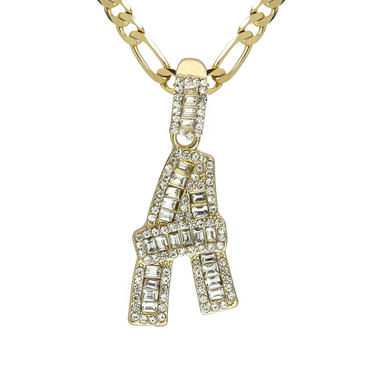 Initial Alphabet Pendant CZ 20" Figaro Chain 14k Gold