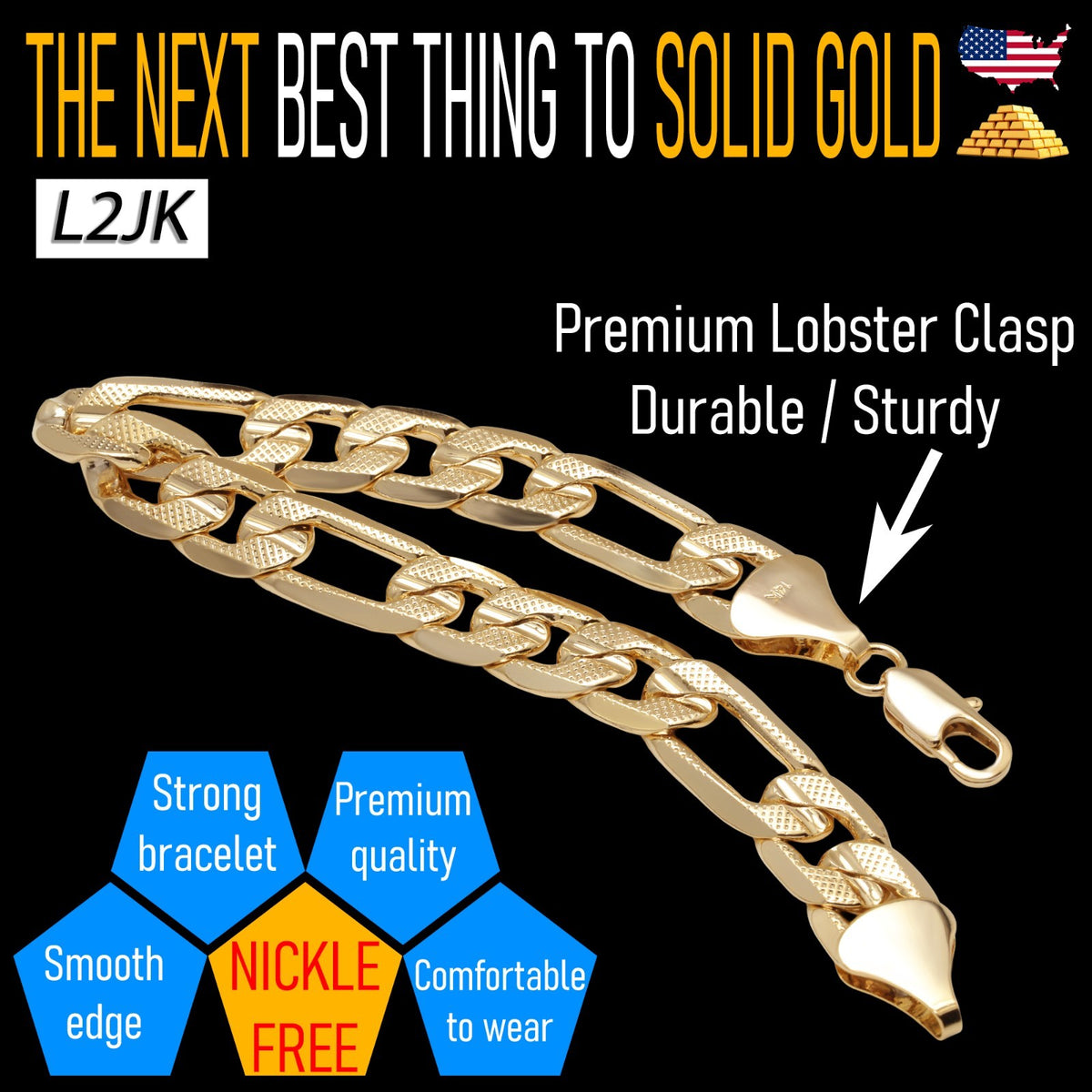 12MM Frost Figaro Bracelet 8.5"Inch 14k Gold Chain Jewelry