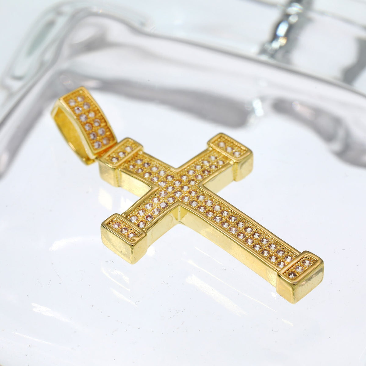 14k Gold Fully CZ Shade Cross Pendant 24" Cuban Chain