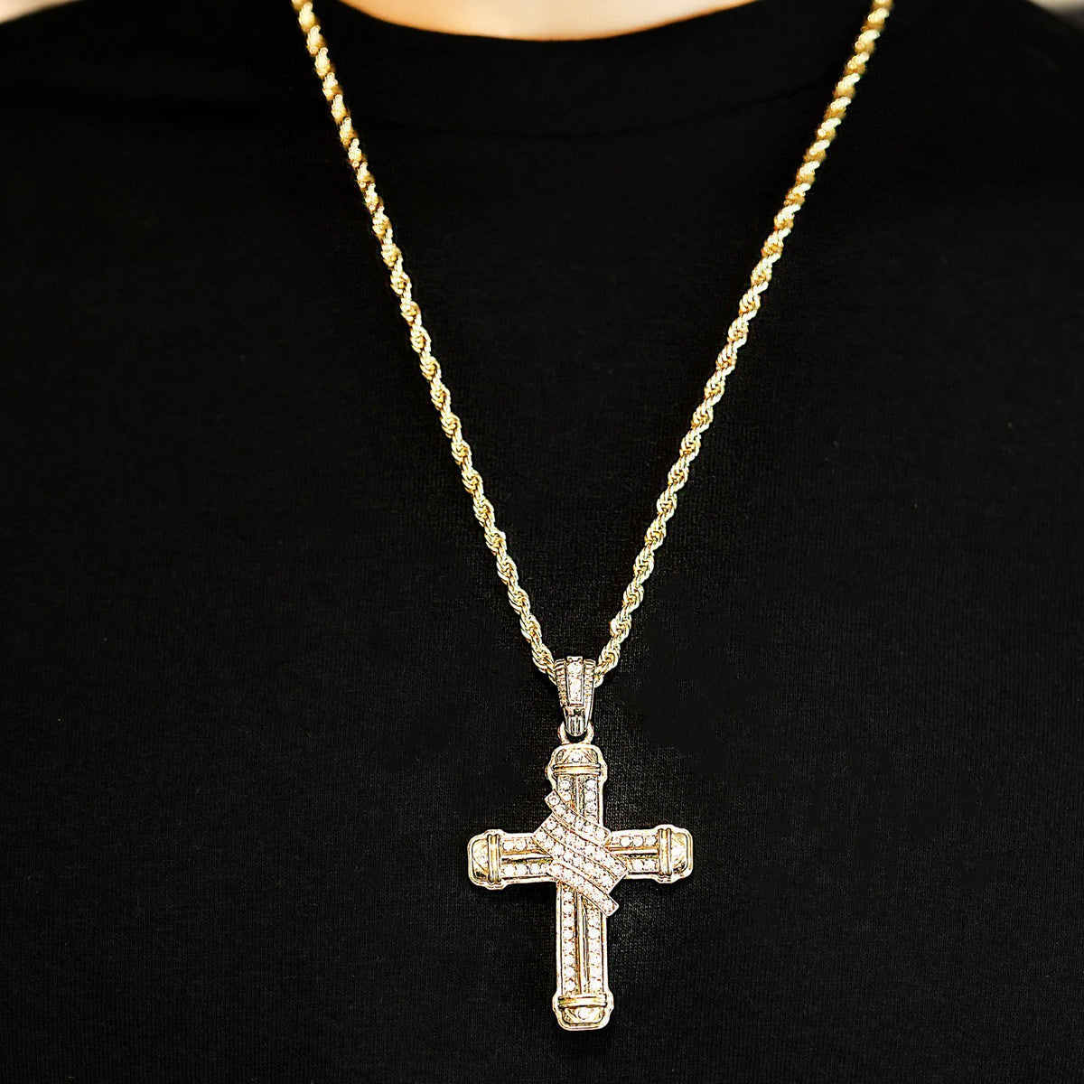 Iced Cross Pendant Banner CZ 14k Gold Rope Chain for Men's