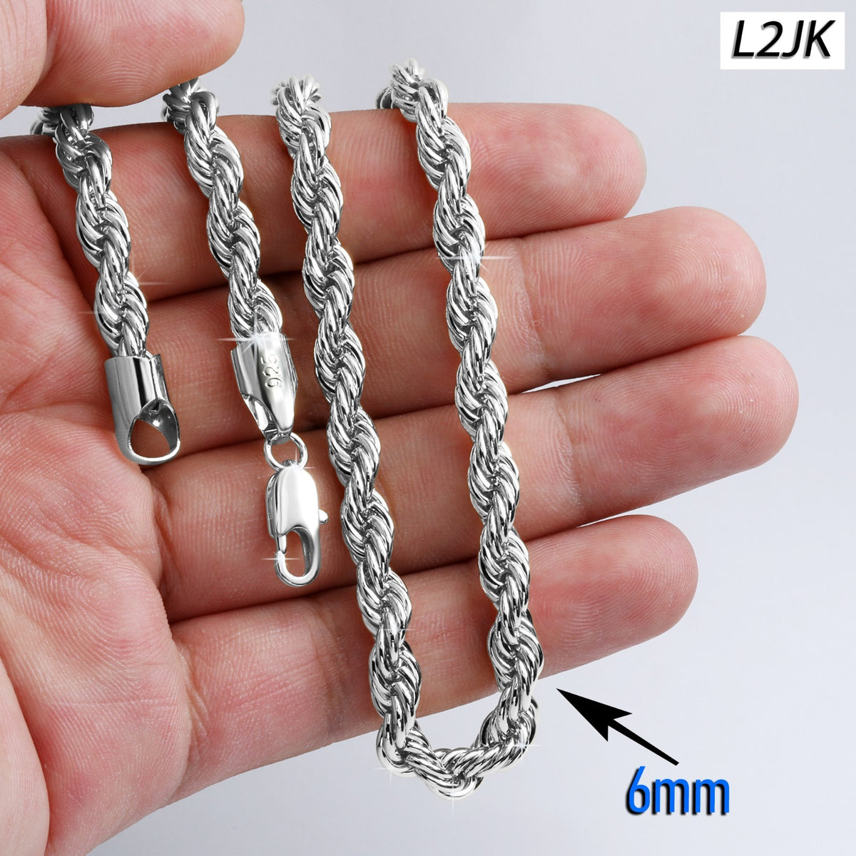Rope Chain 925 Silver 20" Necklace 3mm, 4mm, 5mm, 6mm Men & Women Jewelry