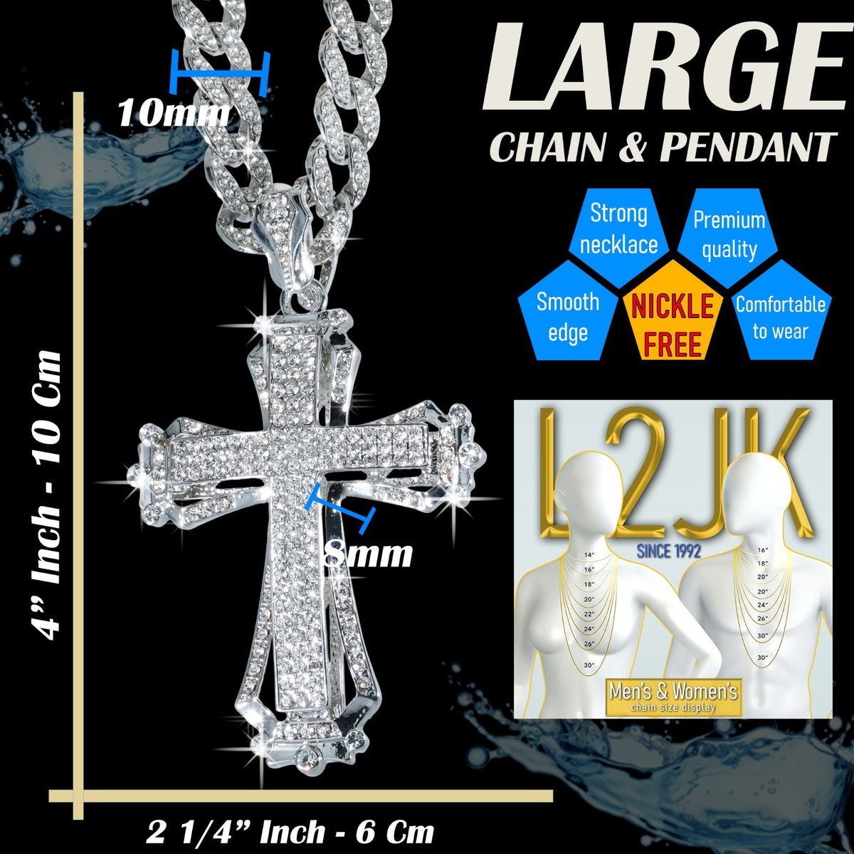 925 Silver Cuban Chain Diamond Stone Necklace & Hollow Cross Silver