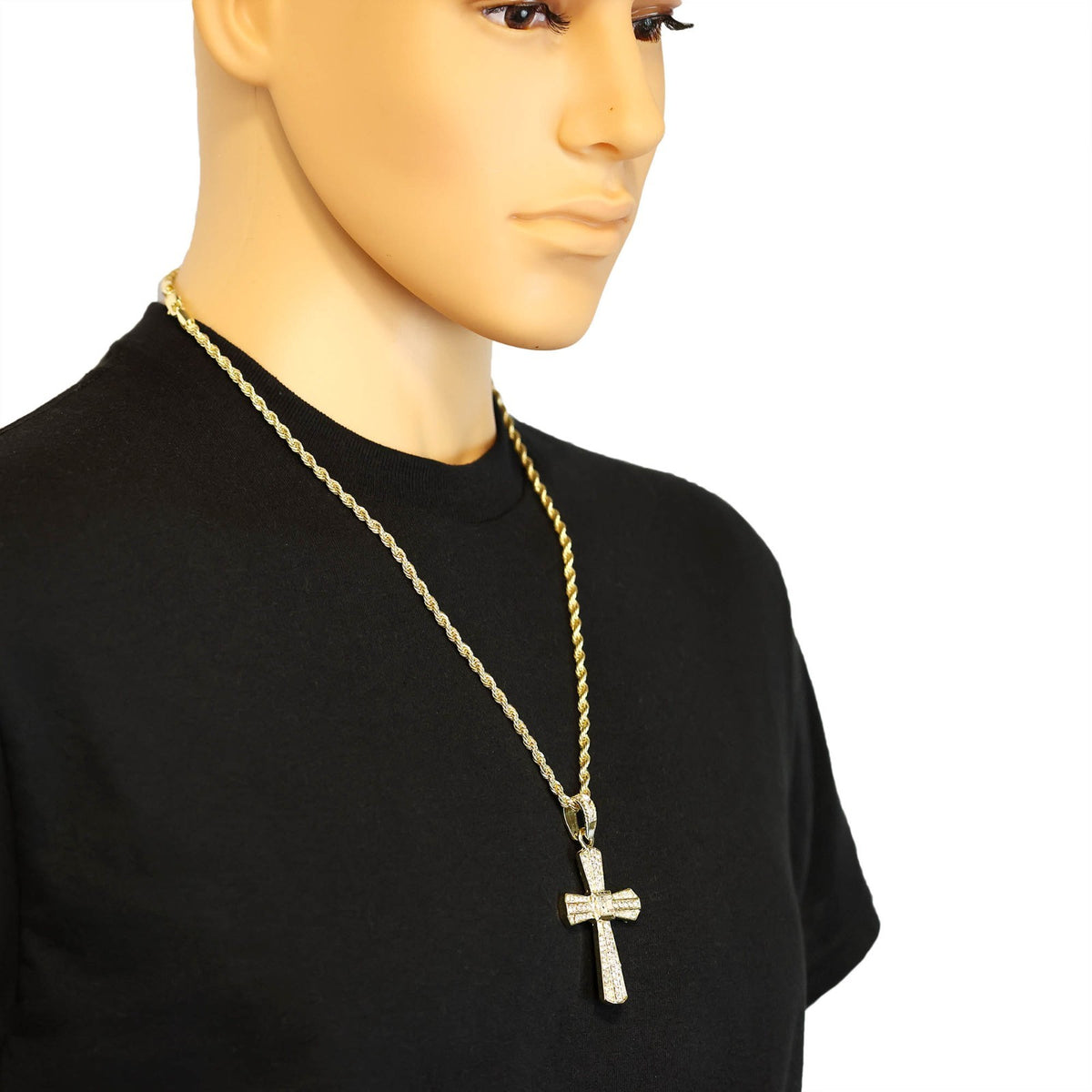 Iced Cross Pendant Big Stone CZ 14k Gold Rope Chain for Men's
