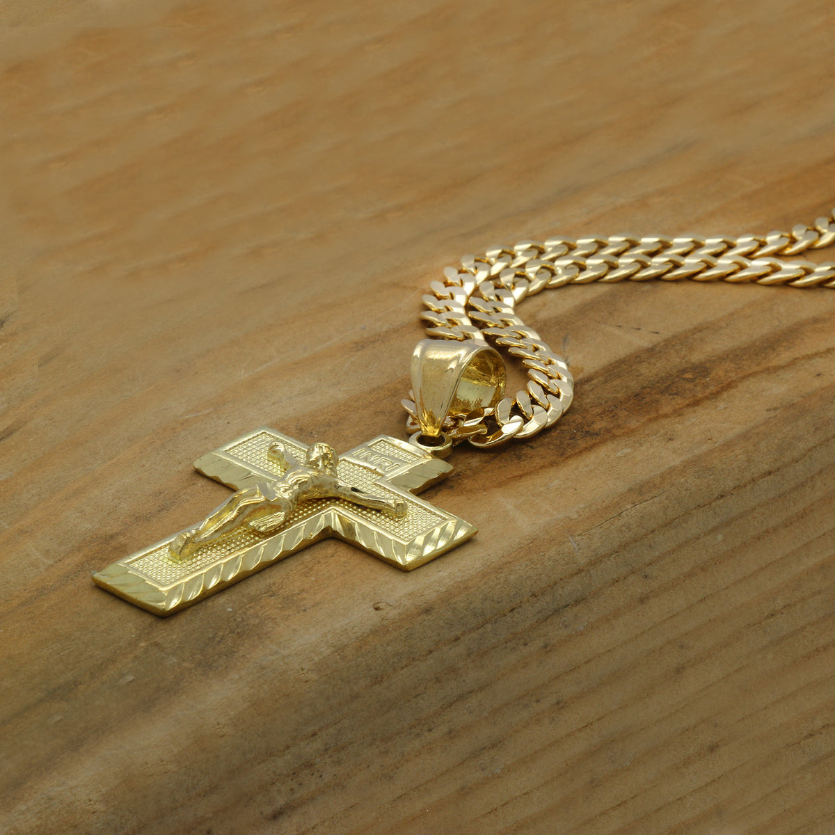 Men's 18k Gold Jesus Cross (L) Pendant 6mm Cuban Chain Necklace