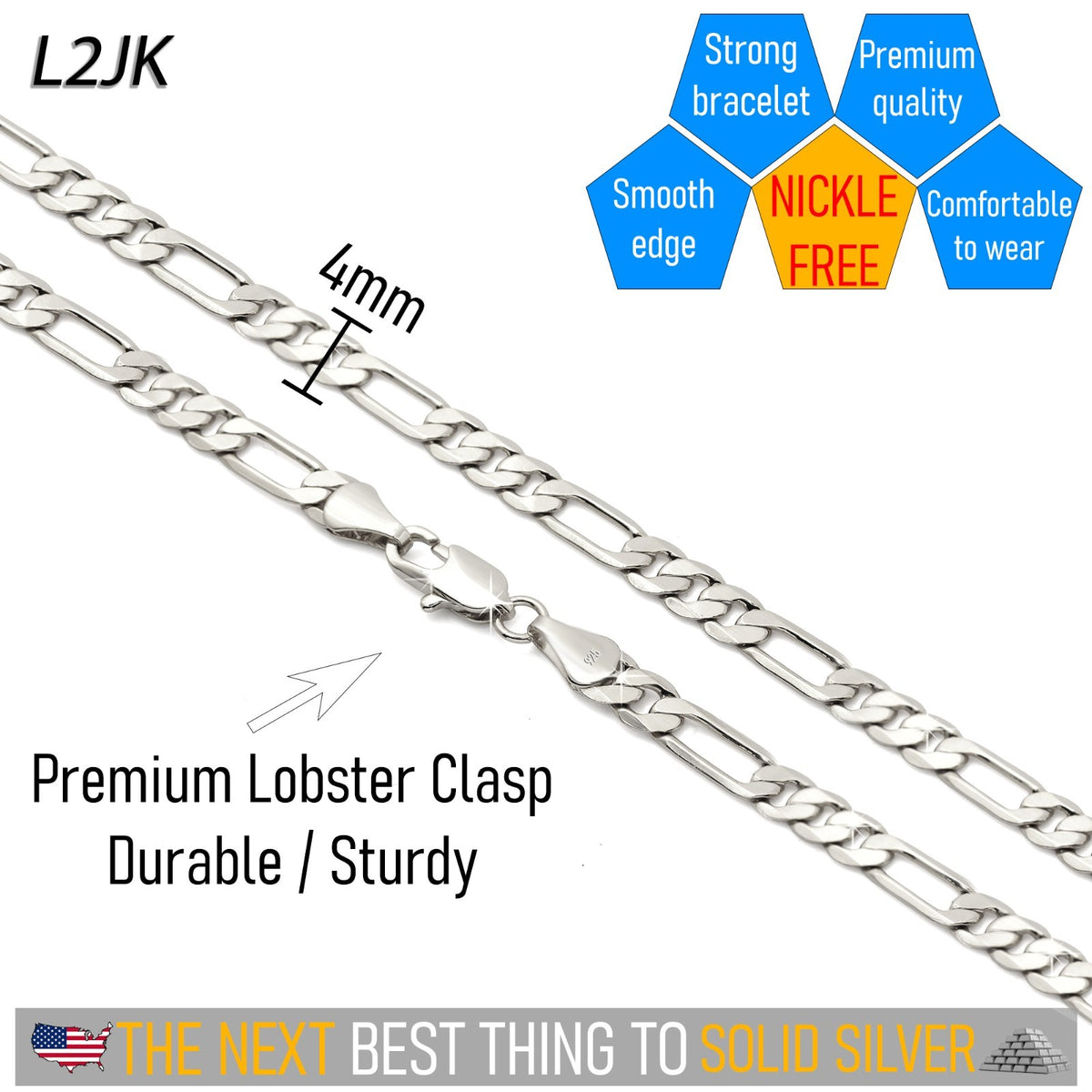 Figaro Chain Choker 925 Silver 4mm 18" Men & Women Boys
