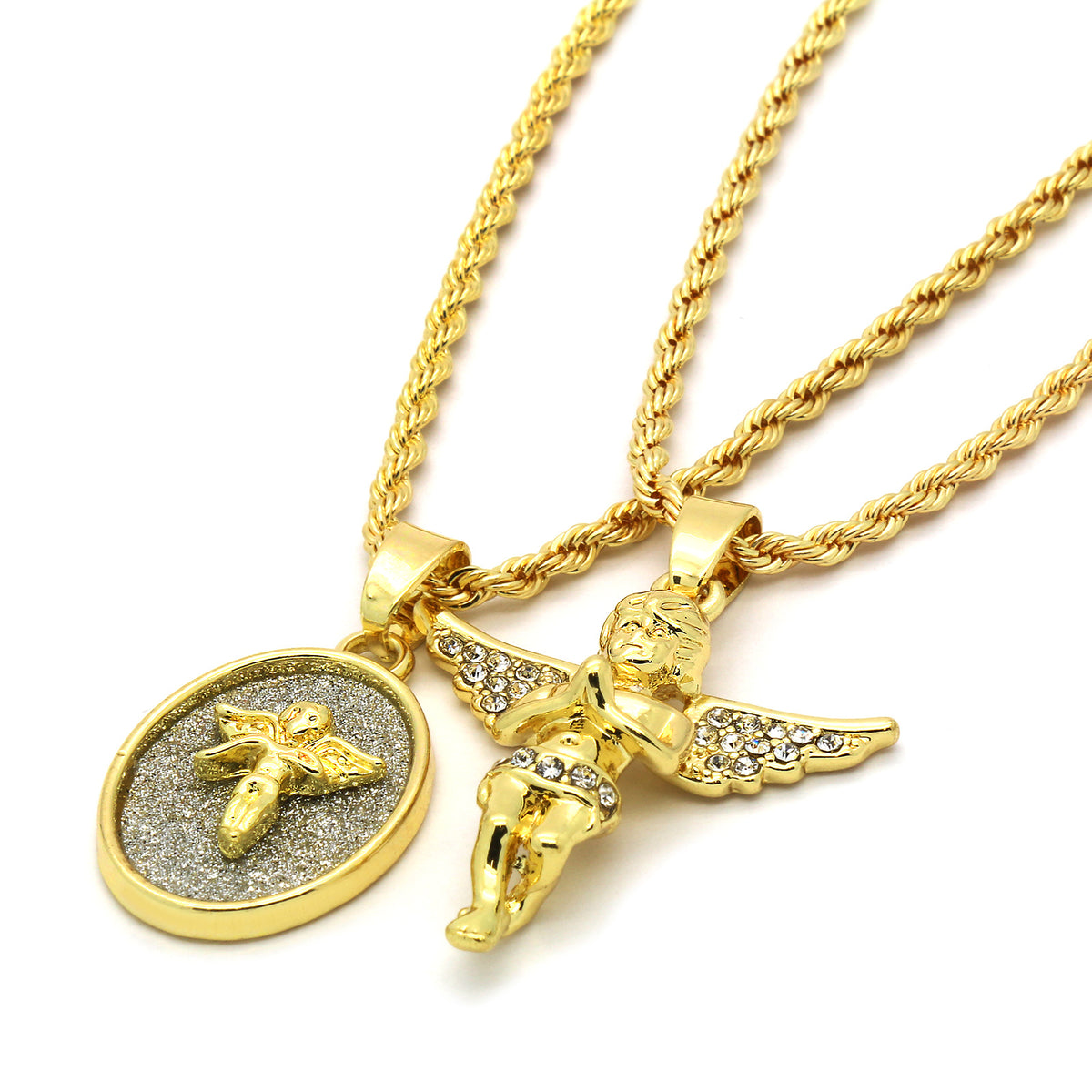 14k Gold 2 Pcs Set of Angel CZ 2mm 30" and 24" Rope Chain