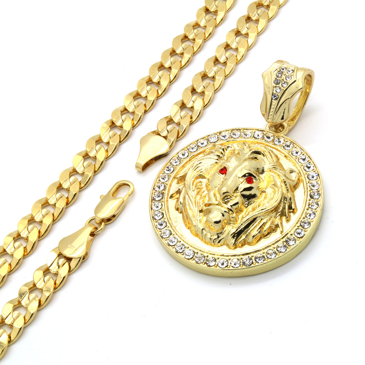 Men's 14k Gold Cuban Chain Lion Face Red Eyes & Red