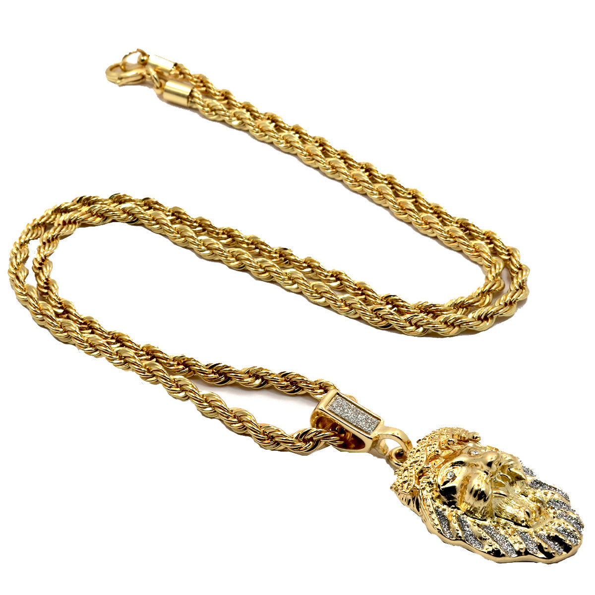 Men's 16k Gold Stardust Lion Pendant with 4mm/24" Rope Chain