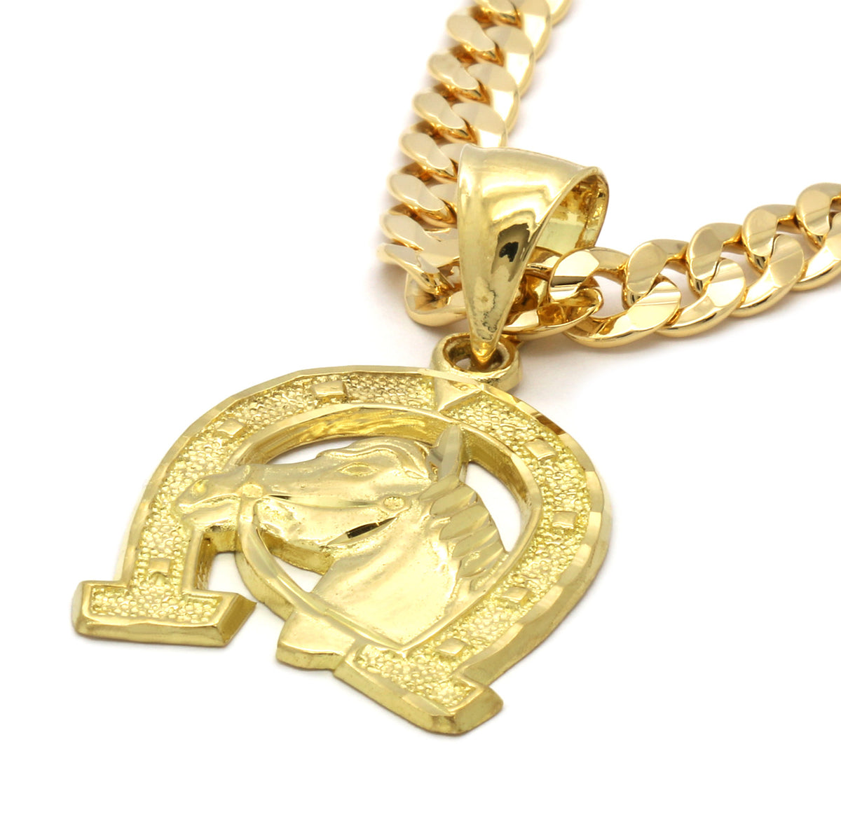 Men's 18k Gold Horseshoe Pendant 6mm Cuban Chain Necklace