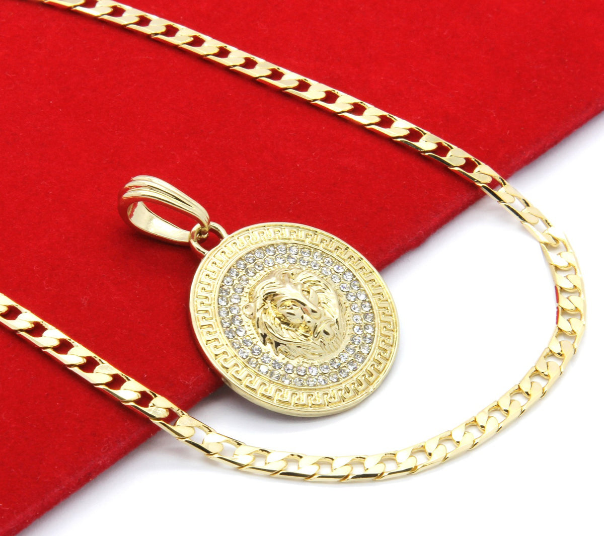 Medallion Pattern Lion Gold CZ 24" Cuban Curb Chain Pendant