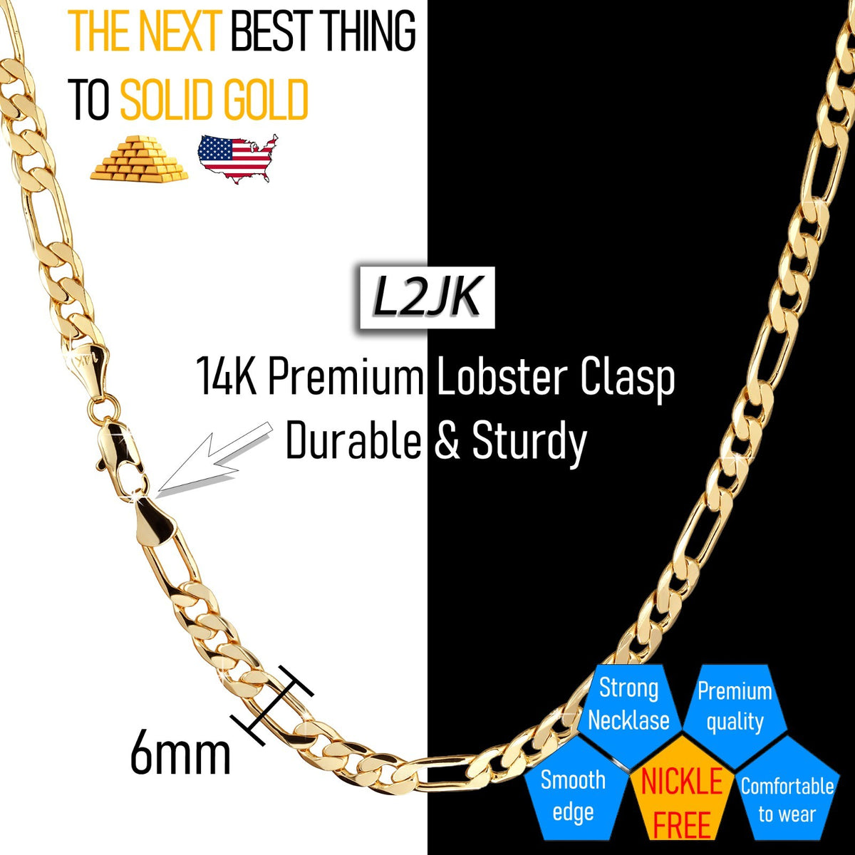 Figaro Chain Choker 14k Gold 6mm 18" for Men & Women Boys