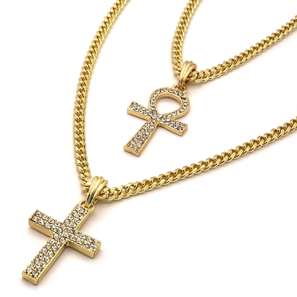 14k Gold Cross & Ankh Pendant CZ 30" & 24" Cuban Chain