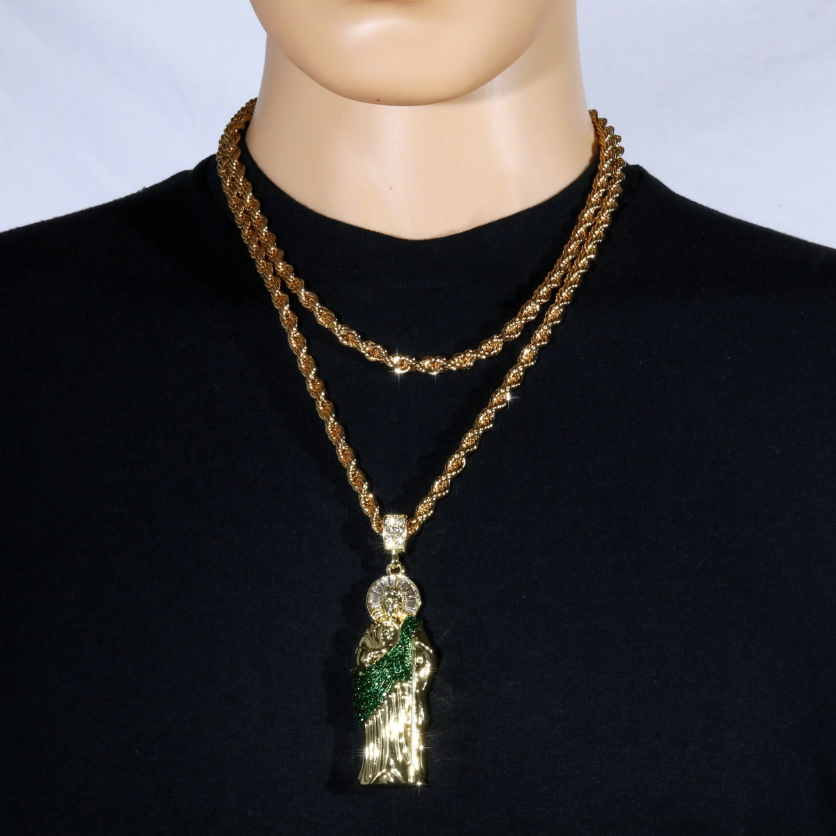 14k Rope Chain Necklace 6mm - 20" 24" 30" Green San Judas Pendant Gold