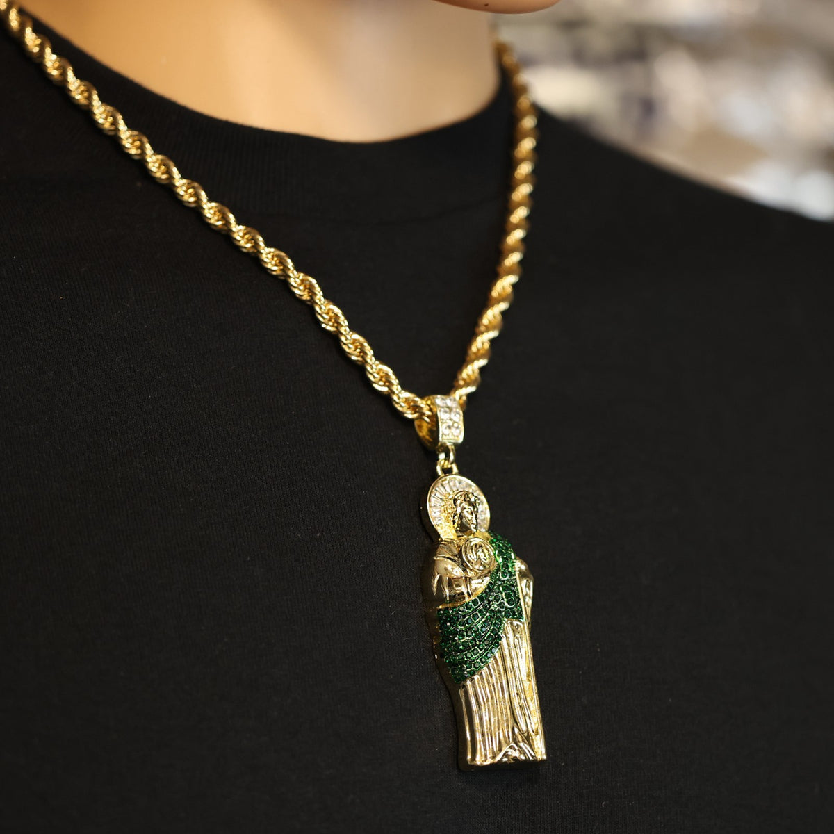 14k Gold San Judas Pendant Necklace with Iced Out Cz, Rope Chain Large