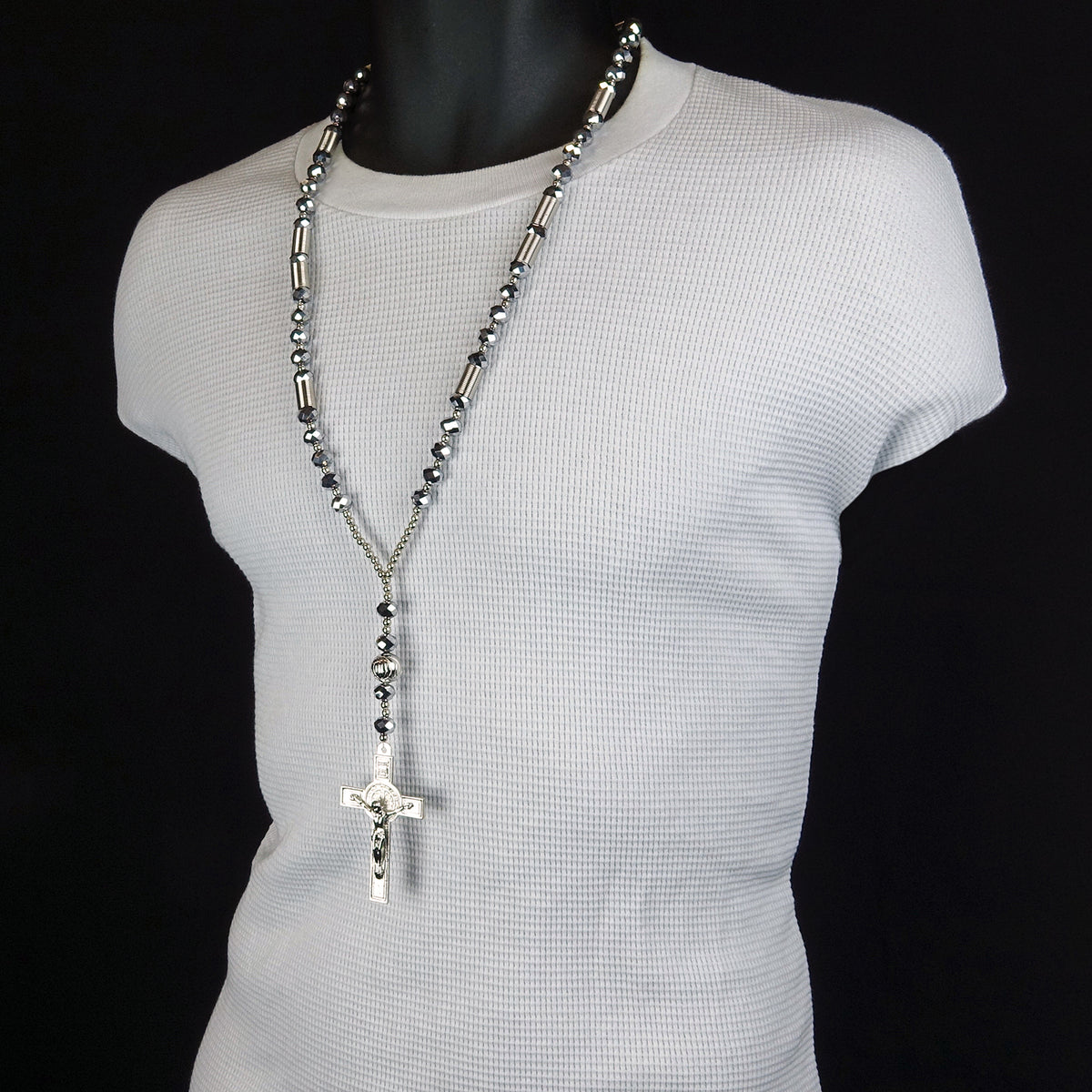 Men 8mm Silver & Gray Crystal Glass Cut Rosary Jesus Cross Coil Necklace