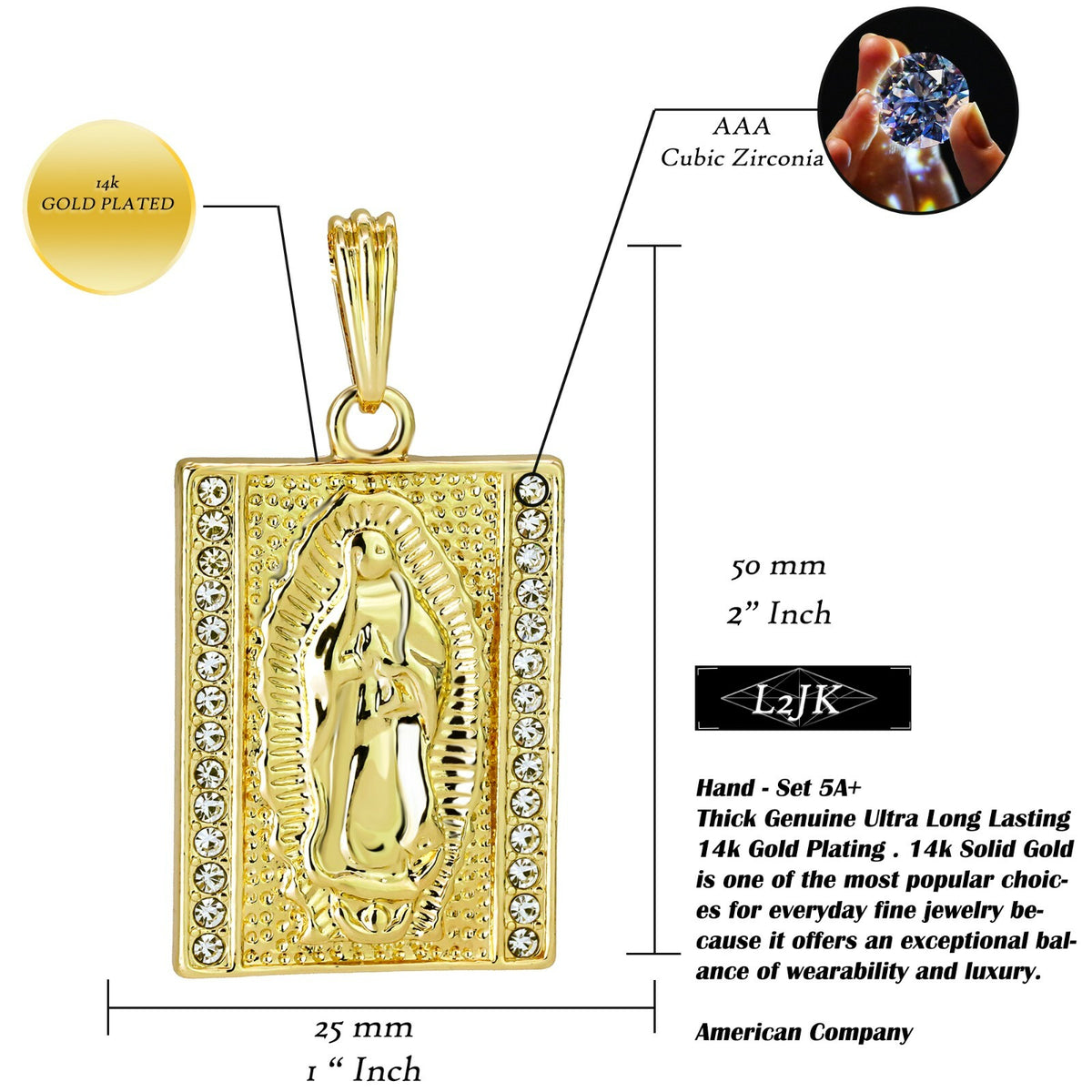 Virgin Mary Pendant 24" Cuban Chain 14k Gold Square
