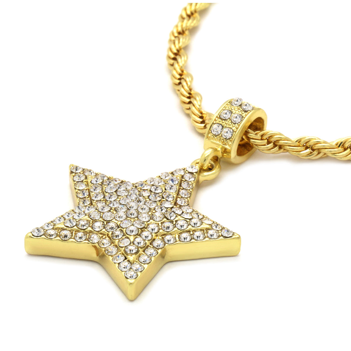 14k Gold Star Pendant Iced CZ Pendant 24" Rope Chain